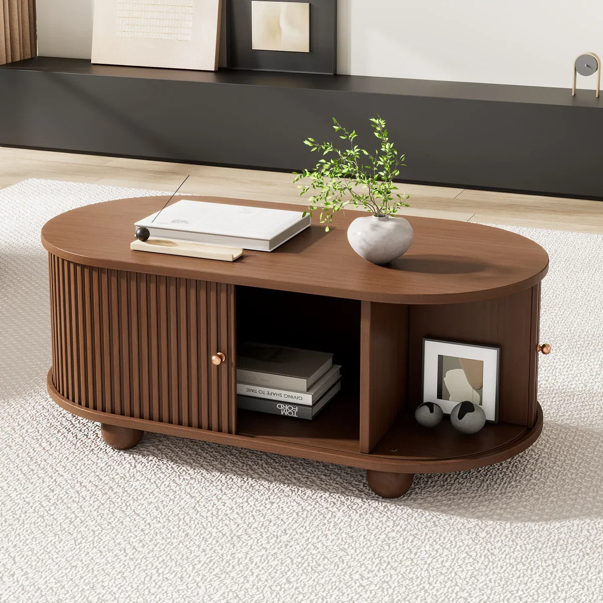 Oval Coffee Table with 2 Sliding Doors and Hidden Storage - Oak – image 2