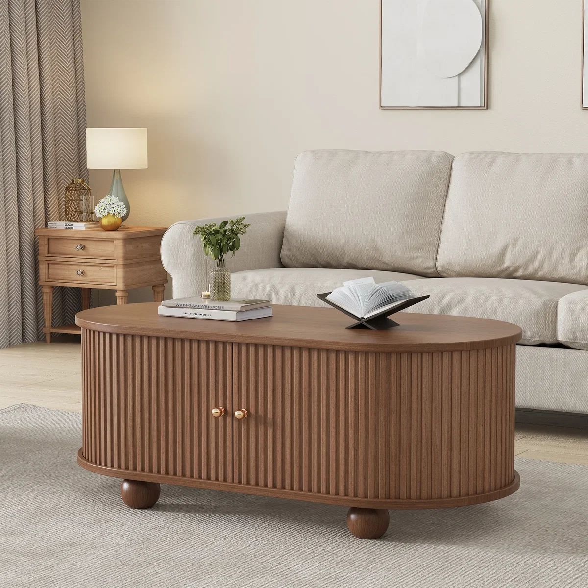 Oval Coffee Table with 2 Sliding Doors and Hidden Storage - Oak – image 3