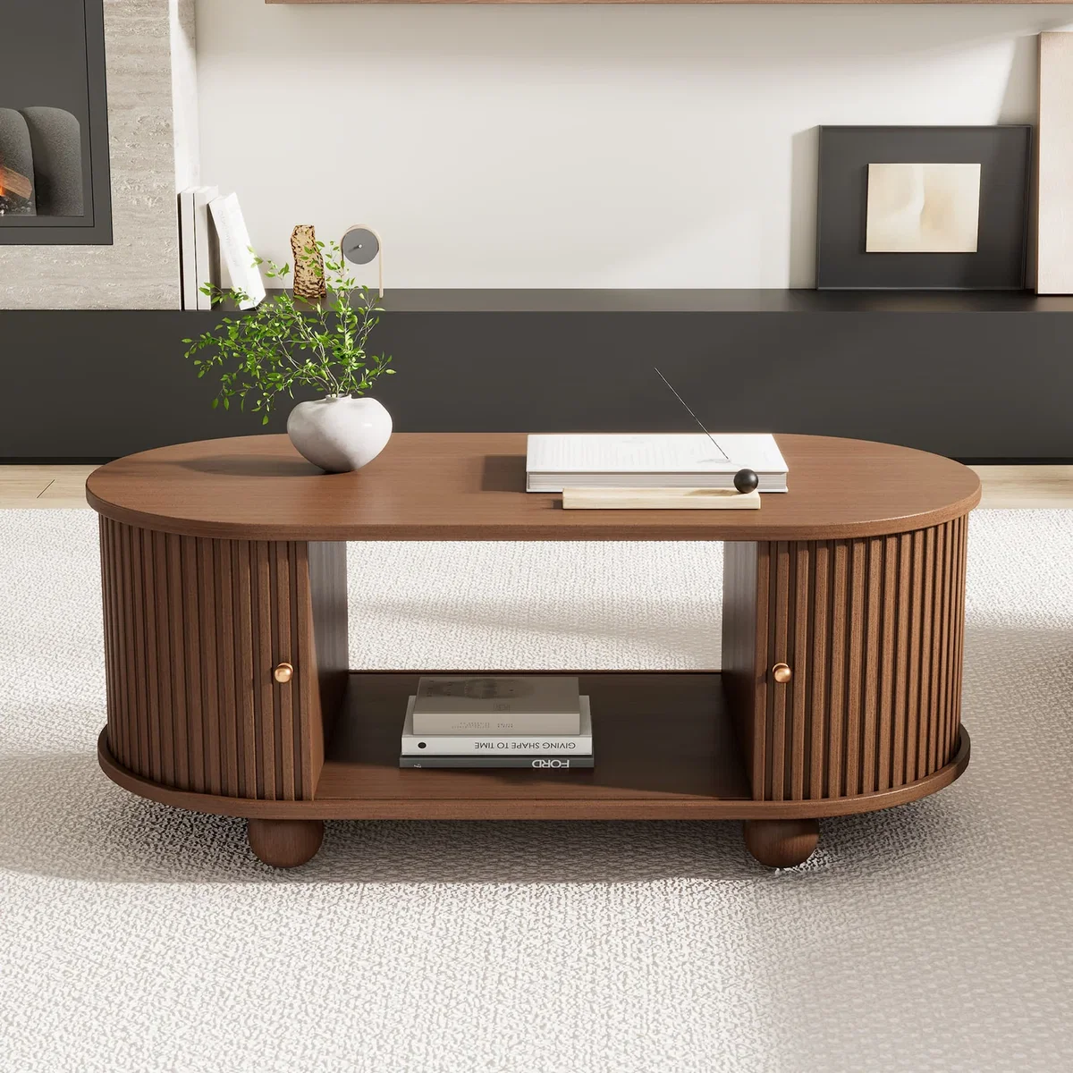 Oval Coffee Table with 2 Sliding Doors and Hidden Storage - Oak – image 4