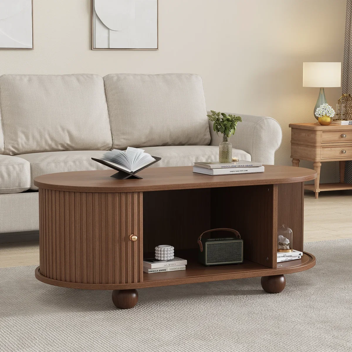 Oval Coffee Table with 2 Sliding Doors and Hidden Storage - Oak – image 5