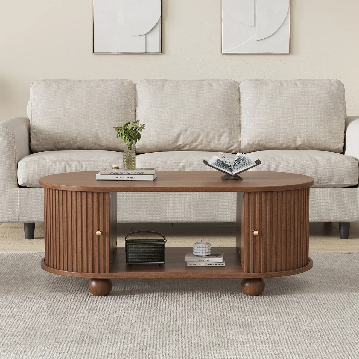 Oval Coffee Table with 2 Sliding Doors and Hidden Storage - Oak – image 1