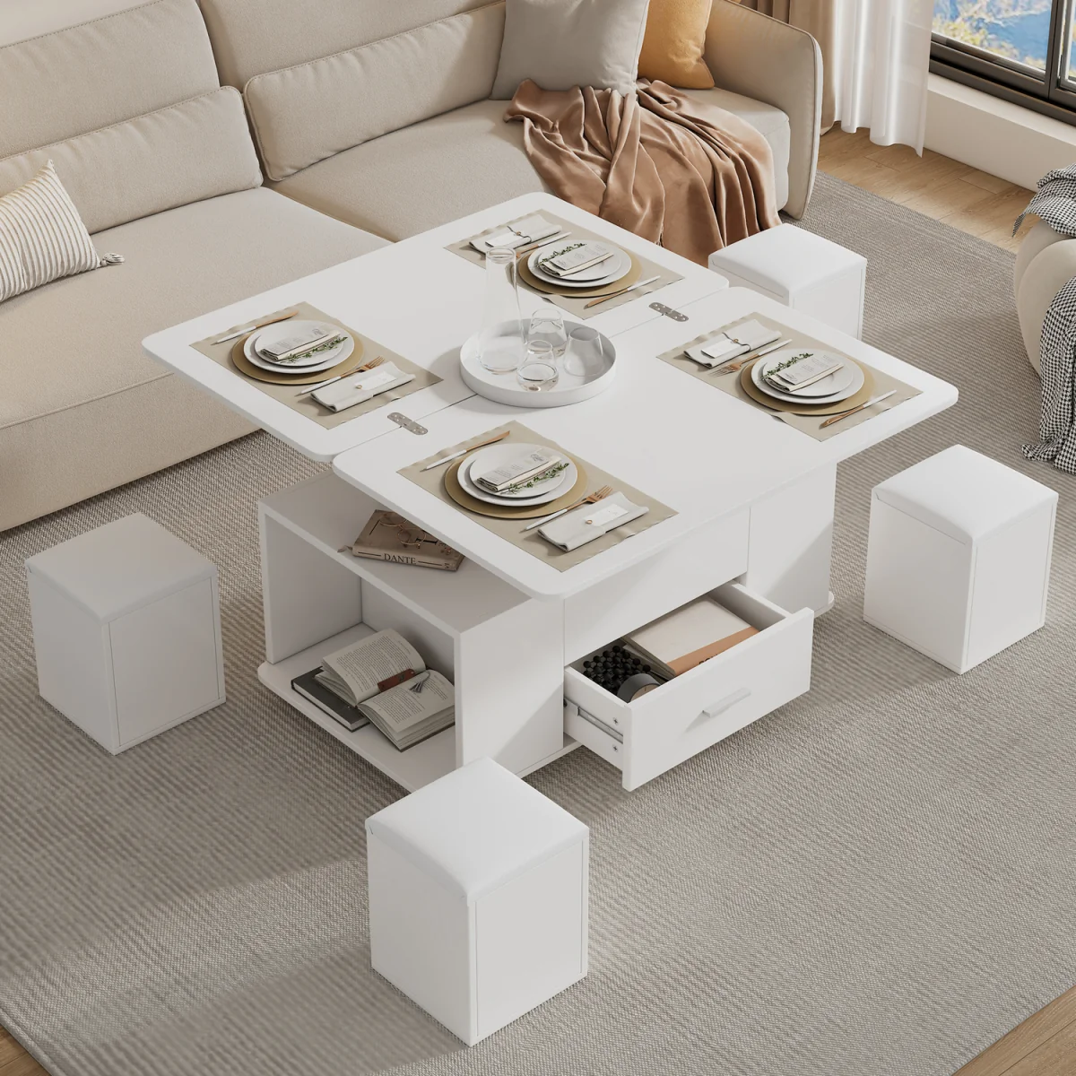 Lift Top Coffee Table with Wheels, 4 Stools, Hidden Storage and Extendable Design - White – image 2