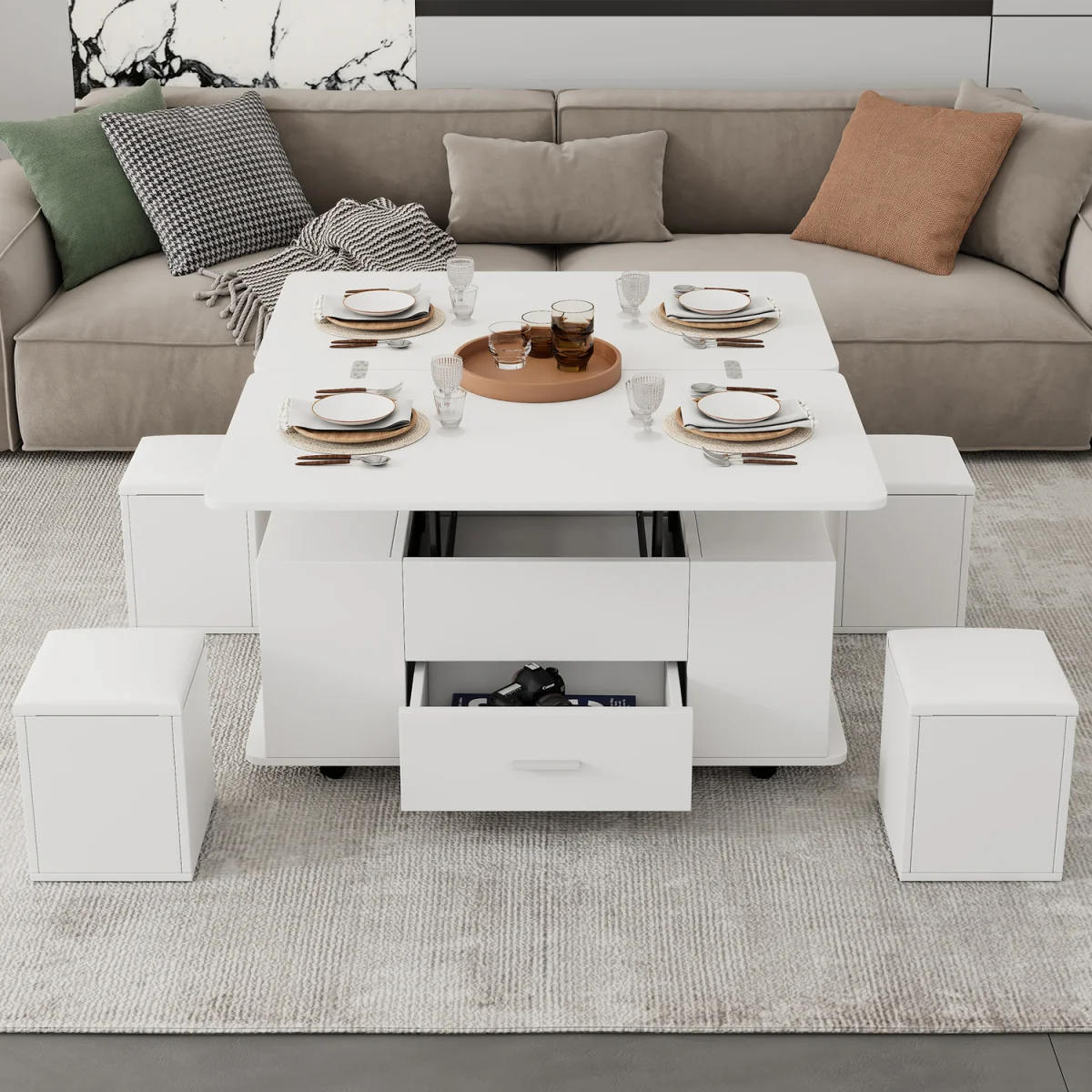 Lift Top Coffee Table with Wheels, 4 Stools, Hidden Storage and Extendable Design - White – image 3