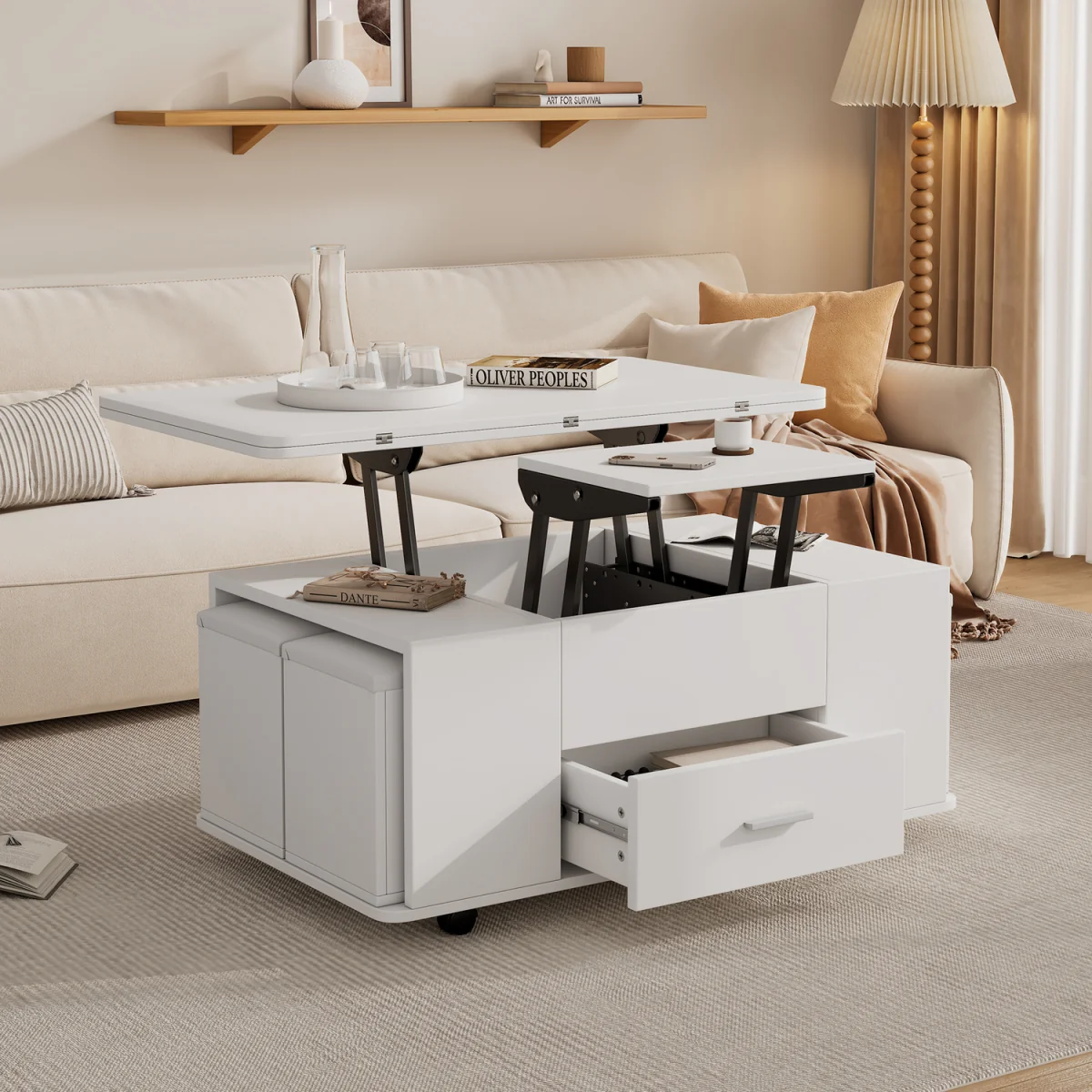 Lift Top Coffee Table with Wheels, 4 Stools, Hidden Storage and Extendable Design - White – image 4