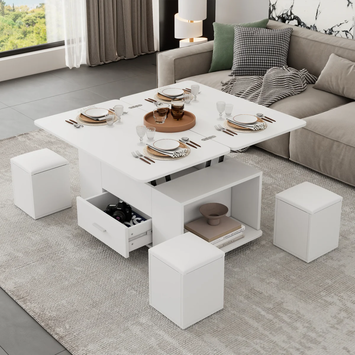 Lift Top Coffee Table with Wheels, 4 Stools, Hidden Storage and Extendable Design - White – image 5