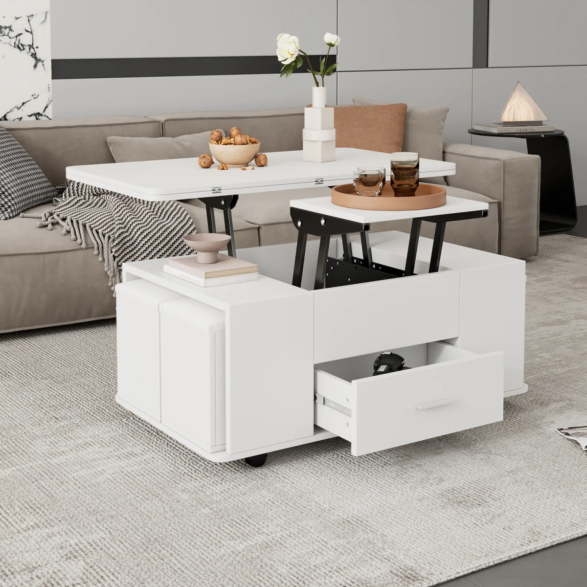 Lift Top Coffee Table with Wheels, 4 Stools, Hidden Storage and Extendable Design - White – image 6