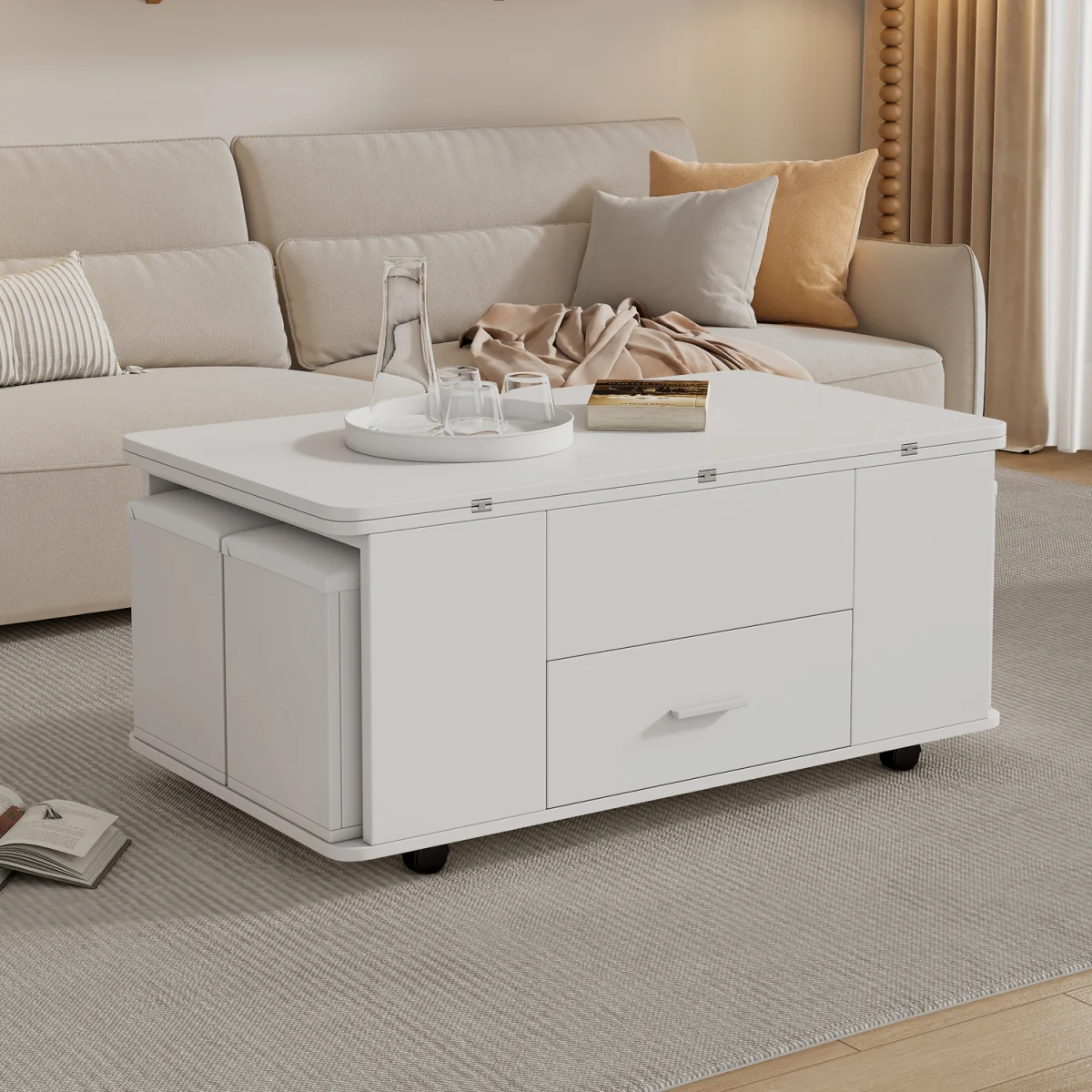Lift Top Coffee Table with Wheels, 4 Stools, Hidden Storage and Extendable Design - White – image 7