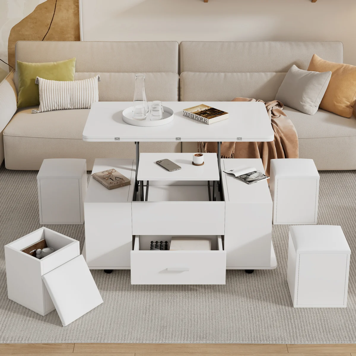 Lift Top Coffee Table with Wheels, 4 Stools, Hidden Storage and Extendable Design - White – image 1