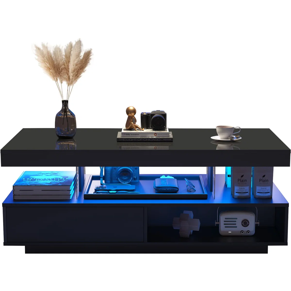 High Gloss Black Coffee Table with Marble Pattern Top and LED Lights - Black – image 2