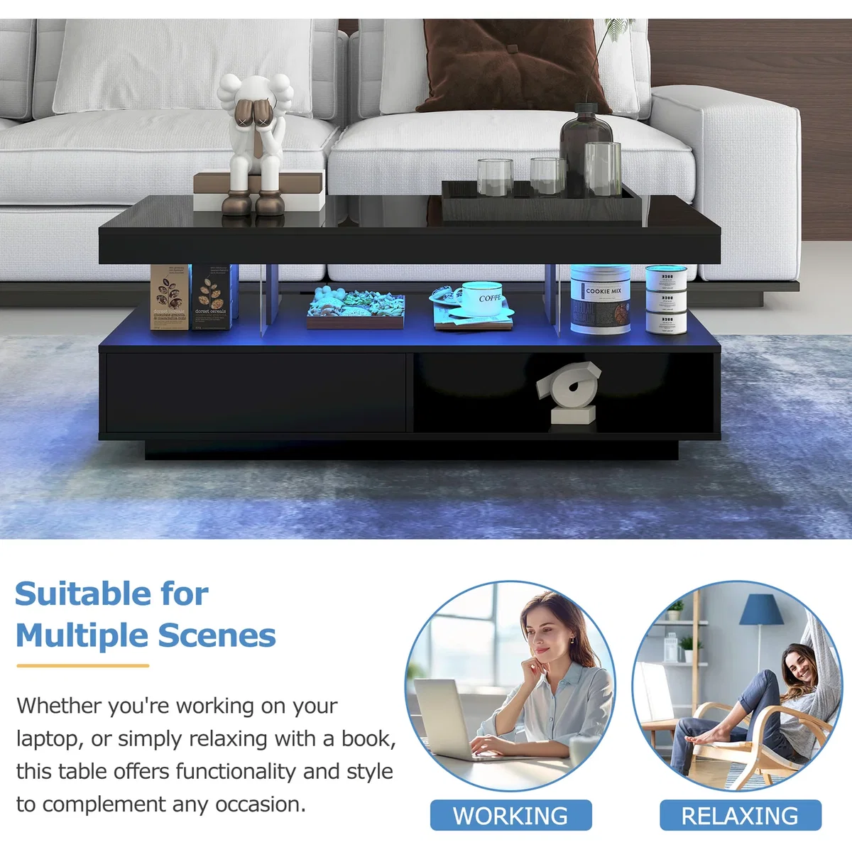 High Gloss Black Coffee Table with Marble Pattern Top and LED Lights - Black – image 3