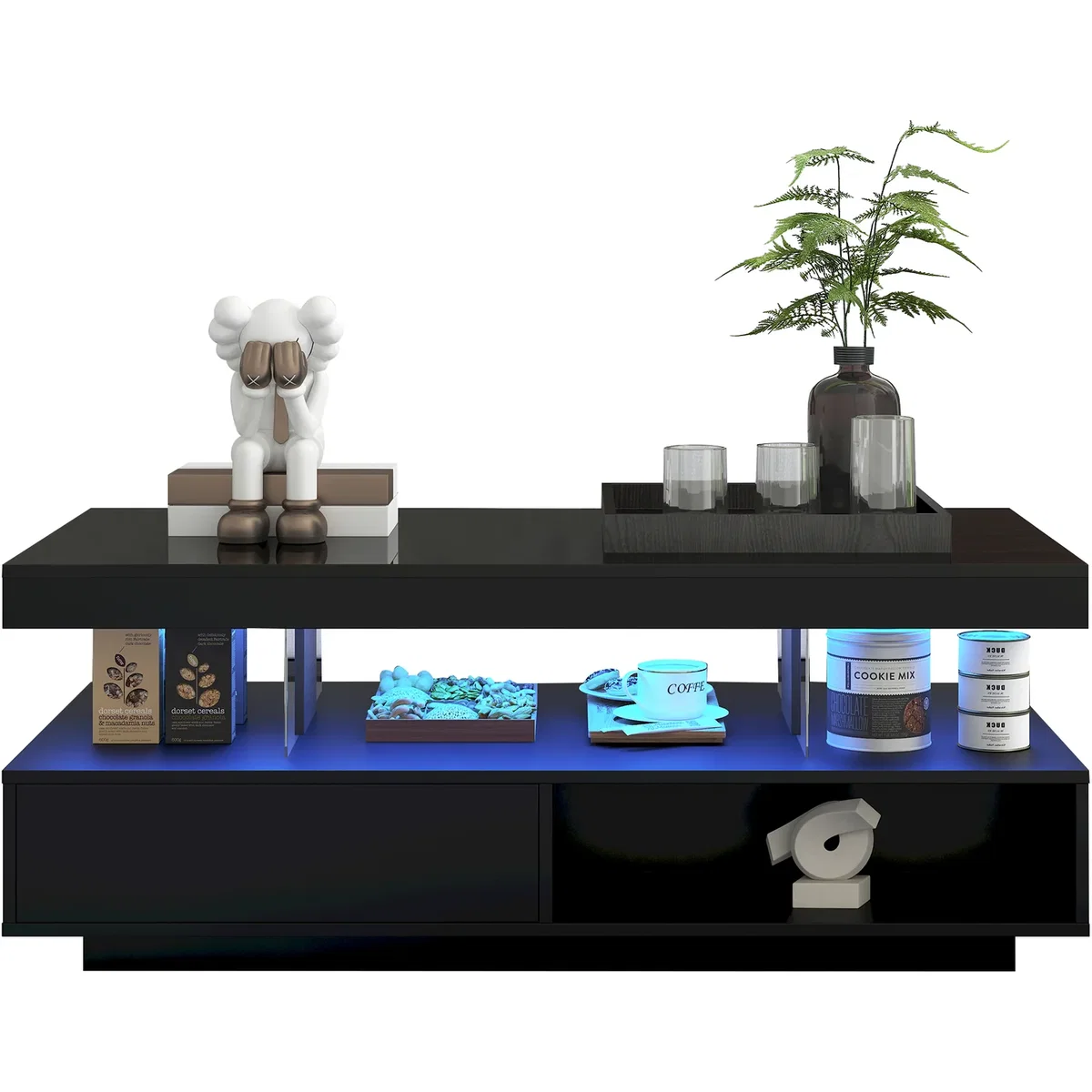 High Gloss Black Coffee Table with Marble Pattern Top and LED Lights - Black – image 4