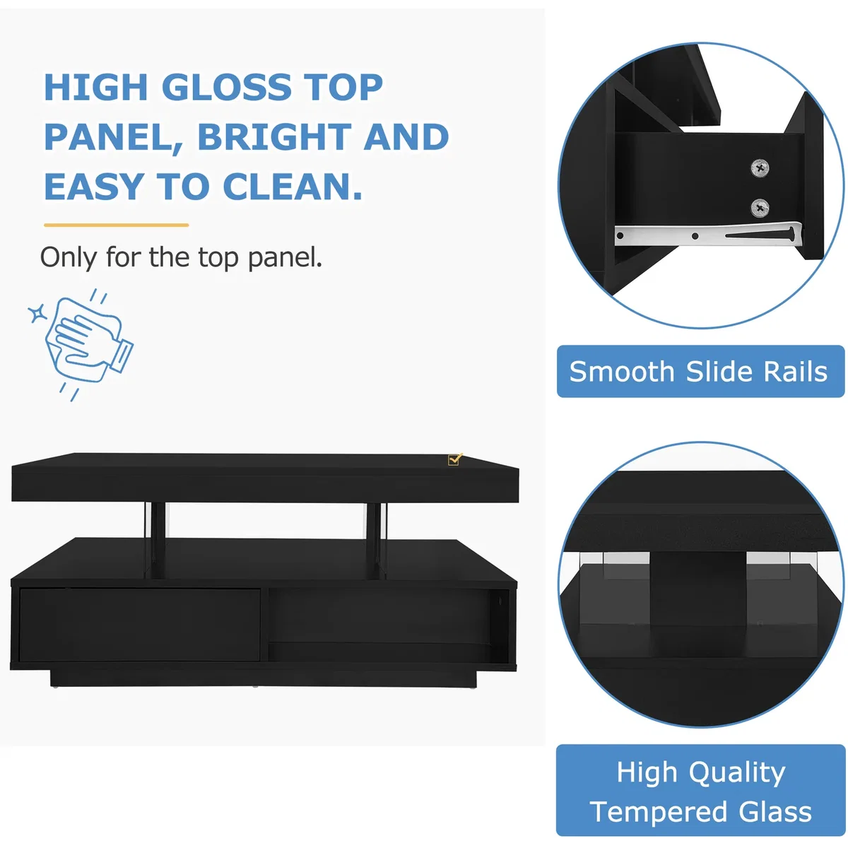 High Gloss Black Coffee Table with Marble Pattern Top and LED Lights - Black – image 6