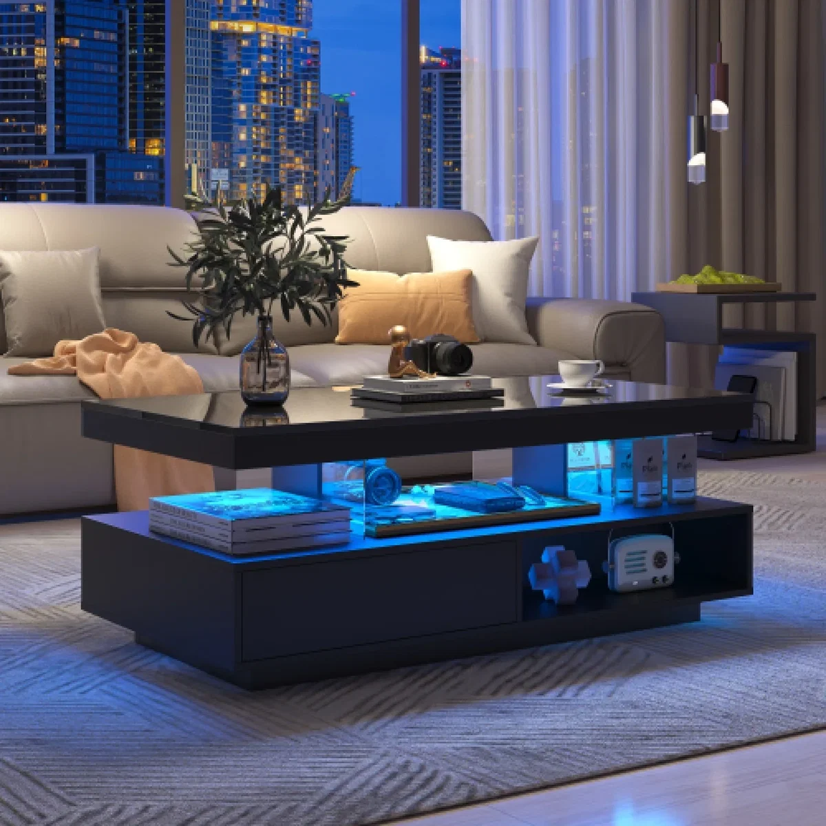 High Gloss Black Coffee Table with Marble Pattern Top and LED Lights - Black – image 1