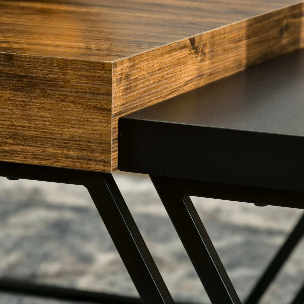 Nimolo Metal and Wood Rustic Brown Set of 2 Industrial Nesting Coffee Tables with Thick Tops – image 2