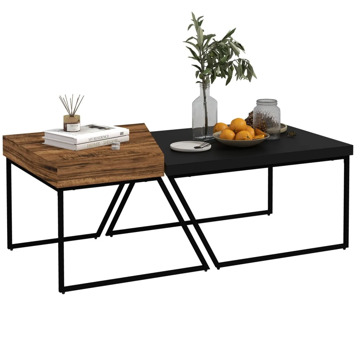Nimolo Metal and Wood Rustic Brown Set of 2 Industrial Nesting Coffee Tables with Thick Tops – image 3