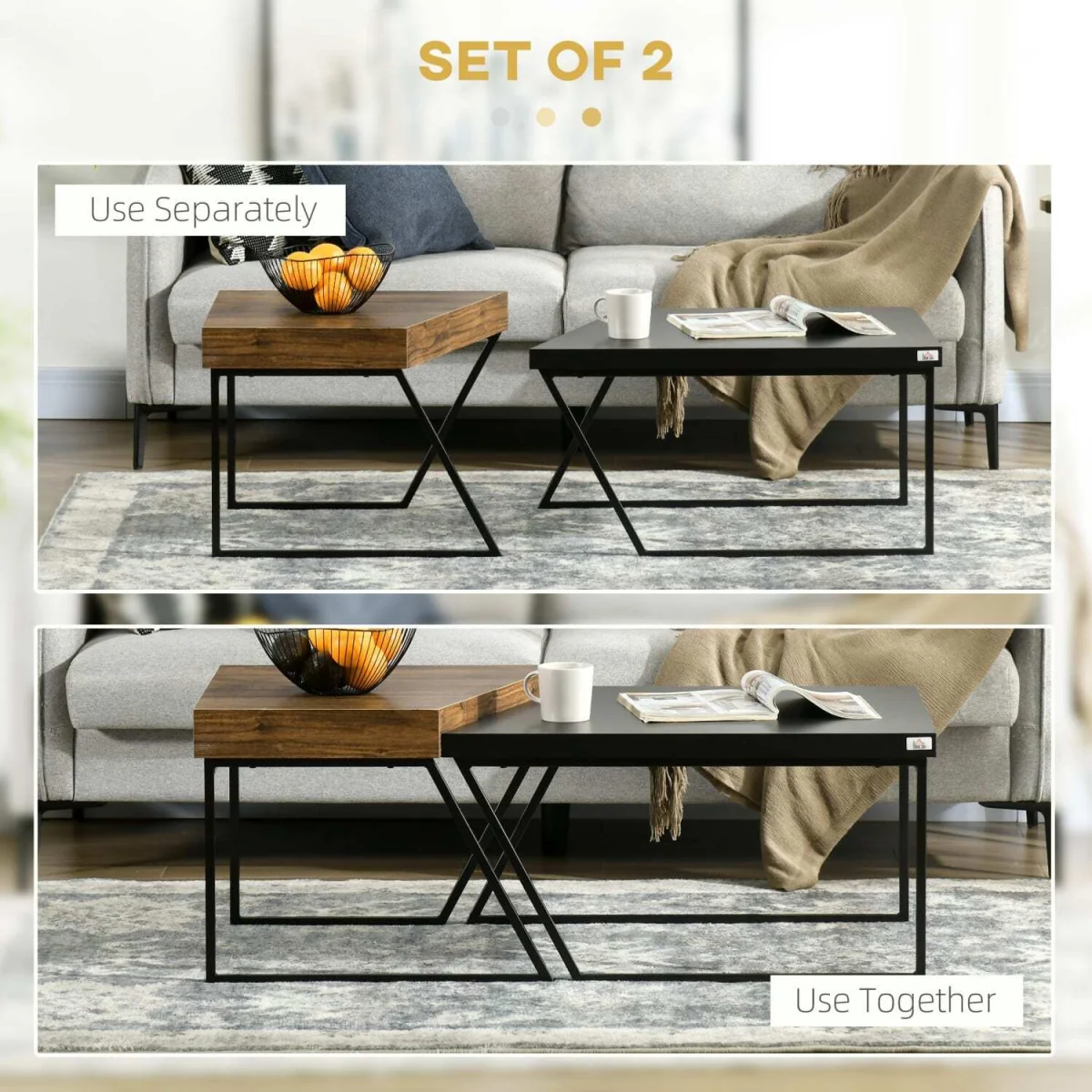 Nimolo Metal and Wood Rustic Brown Set of 2 Industrial Nesting Coffee Tables with Thick Tops – image 6