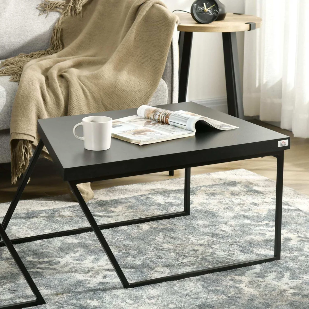 Nimolo Metal and Wood Rustic Brown Set of 2 Industrial Nesting Coffee Tables with Thick Tops – image 9