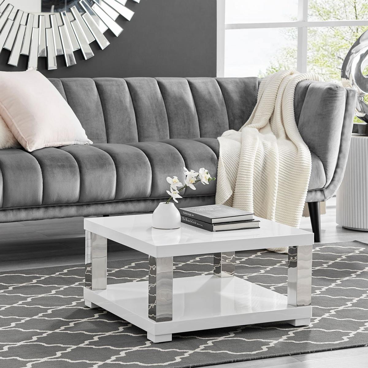 Anzio Square High Gloss and Chrome Coffee Table - White / Yes – image 2
