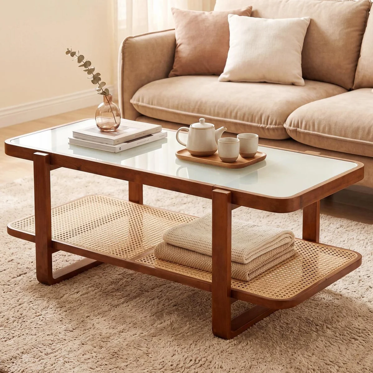 Rectangular Center Table with Frosted Tempered Glass Top - Walnut – image 2