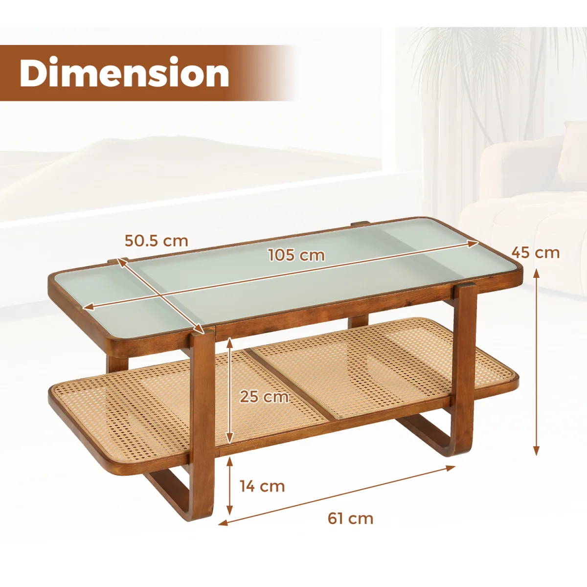 Rectangular Center Table with Frosted Tempered Glass Top - Walnut – image 4
