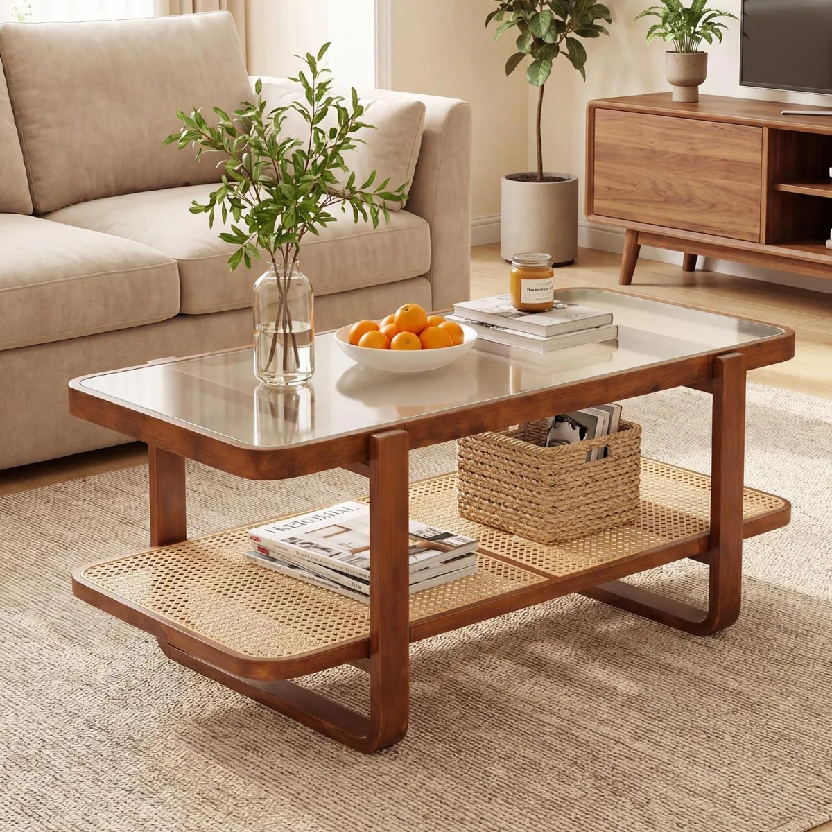 Rectangular Center Table with Frosted Tempered Glass Top - Walnut – image 5
