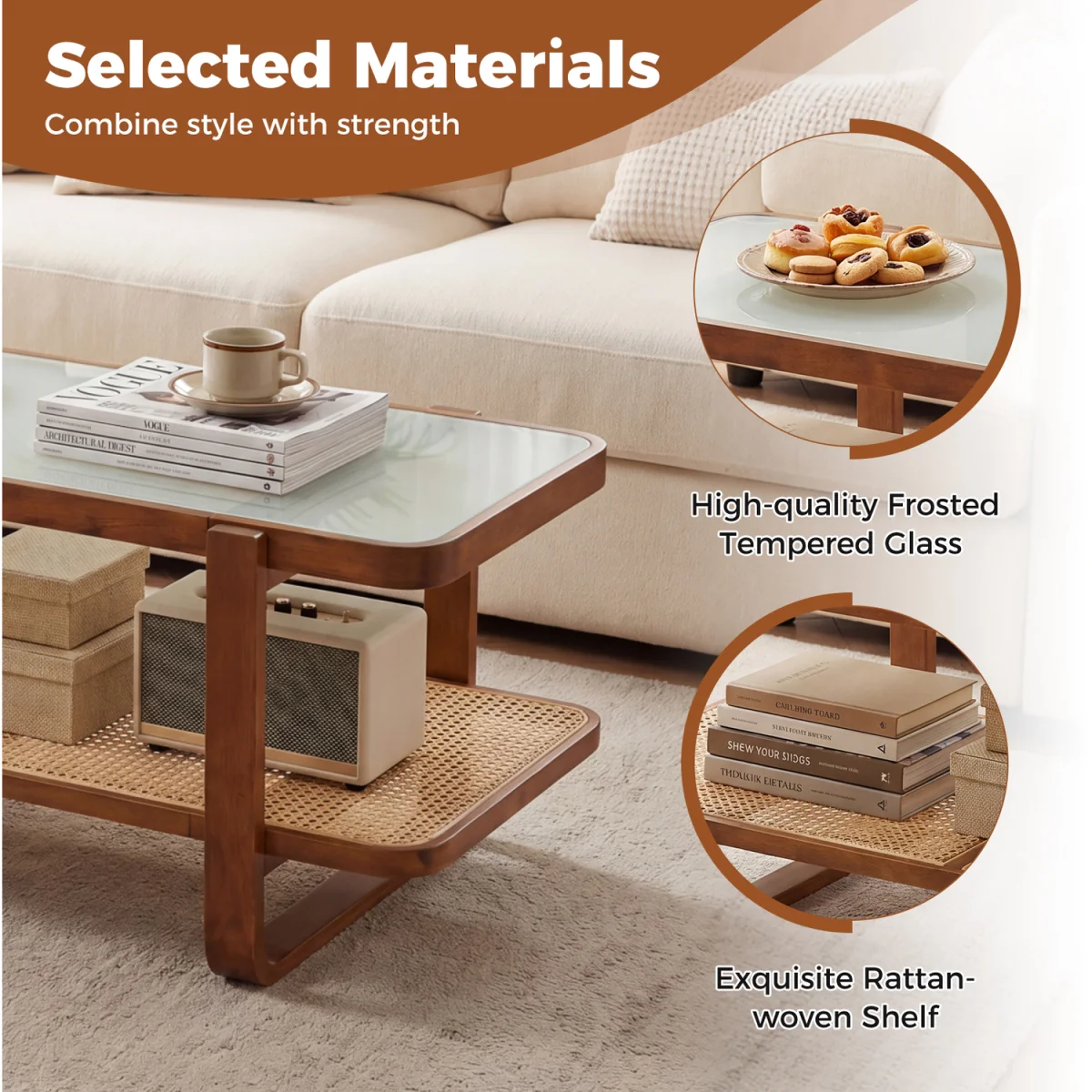 Rectangular Center Table with Frosted Tempered Glass Top - Walnut – image 7