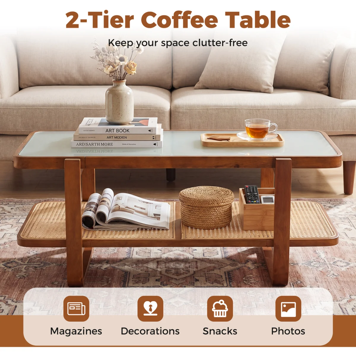 Rectangular Center Table with Frosted Tempered Glass Top - Walnut – image 8