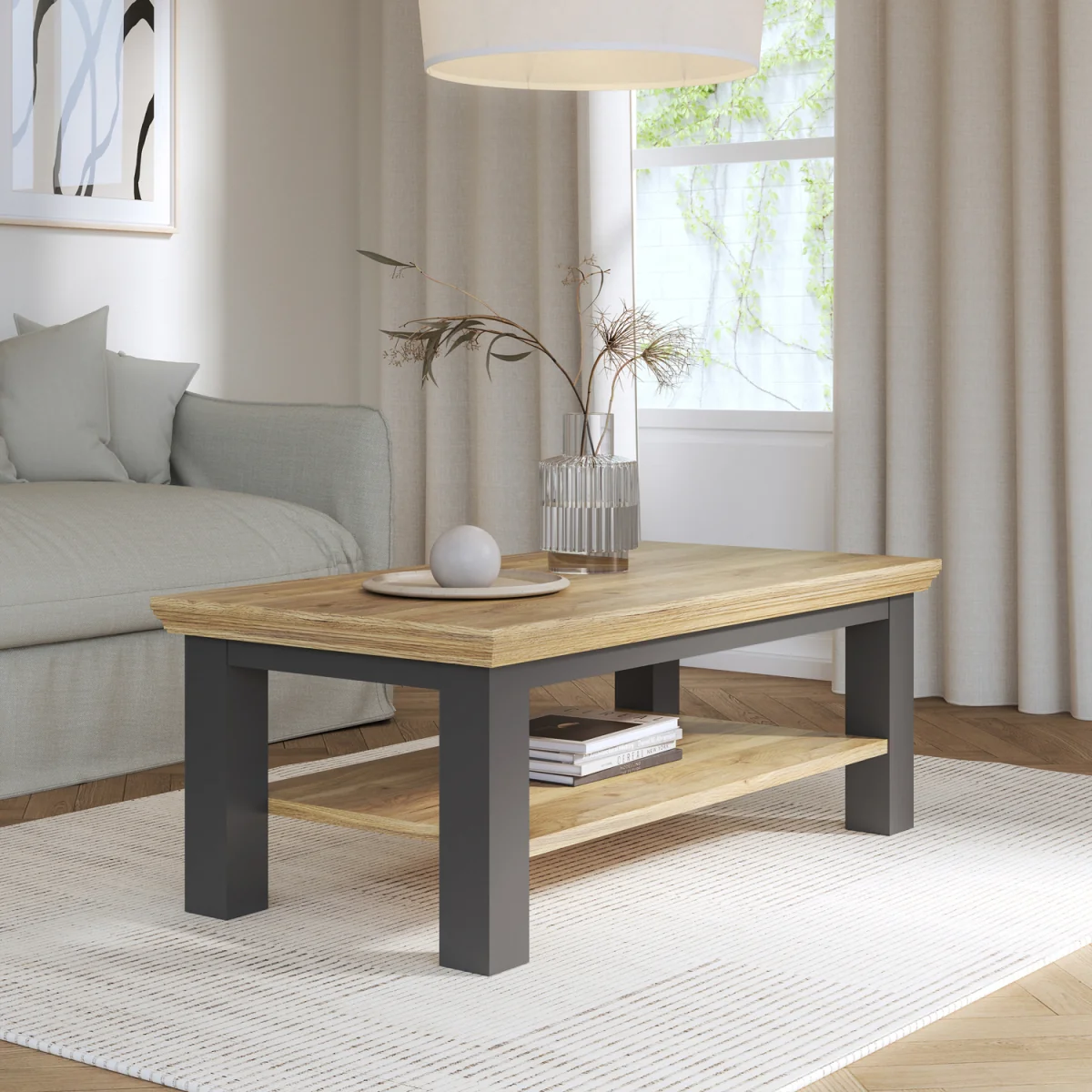 Pontypool Large Rectangular Coffee Table with Shelf - White and Riva Oak – image 2