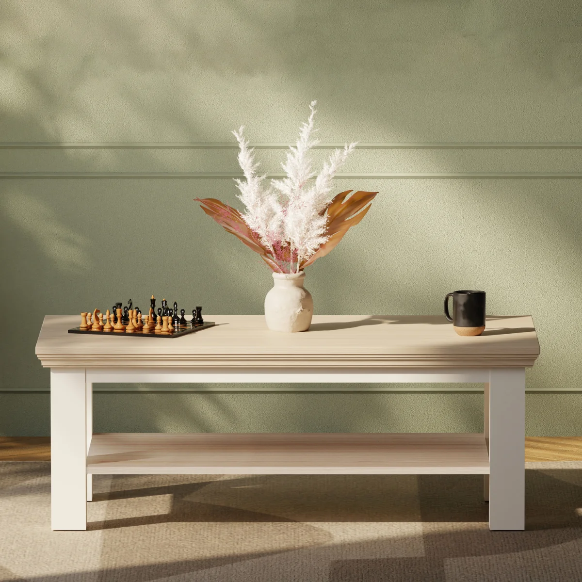 Pontypool Large Rectangular Coffee Table with Shelf - White and Riva Oak – image 11