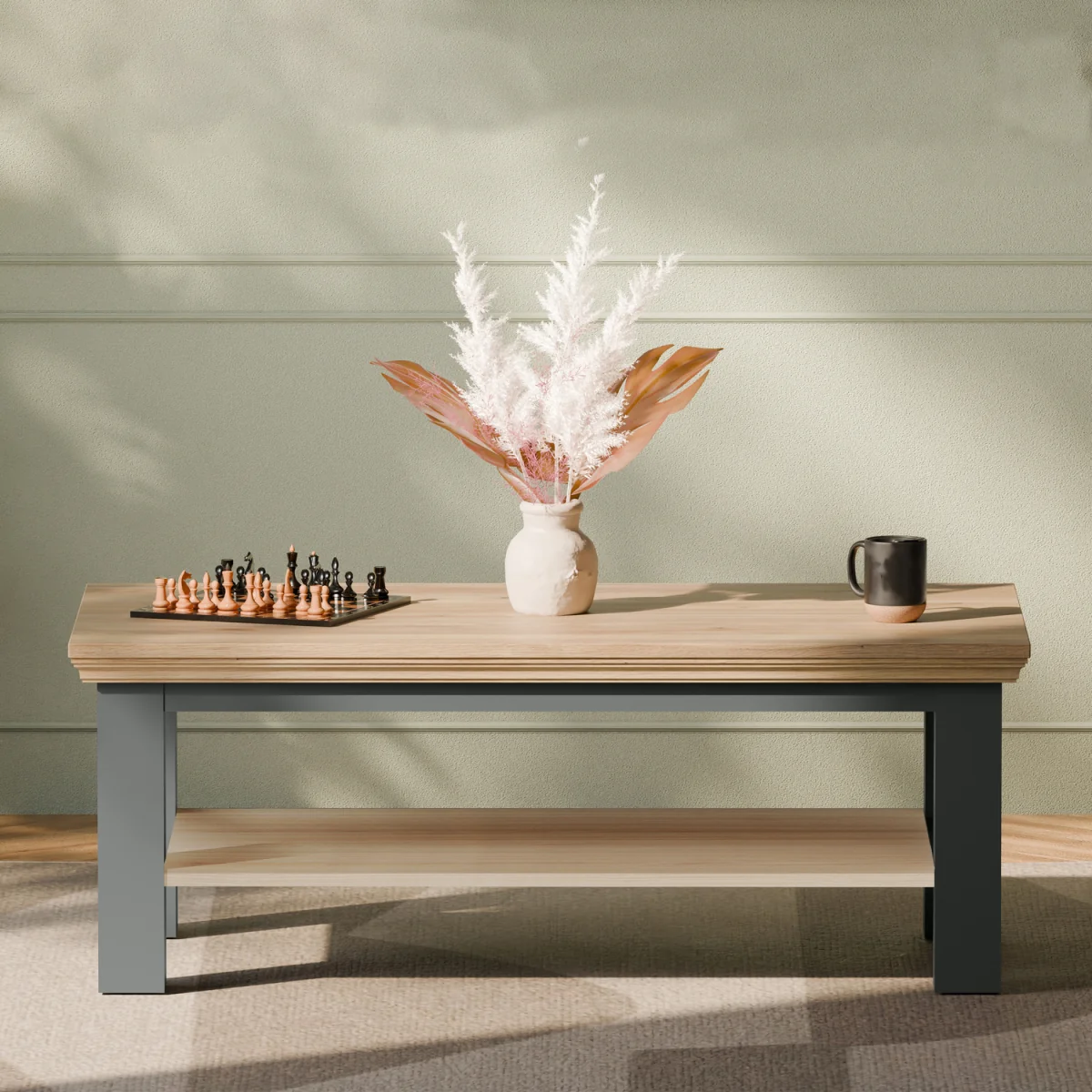 Pontypool Large Rectangular Coffee Table with Shelf - White and Riva Oak – image 6