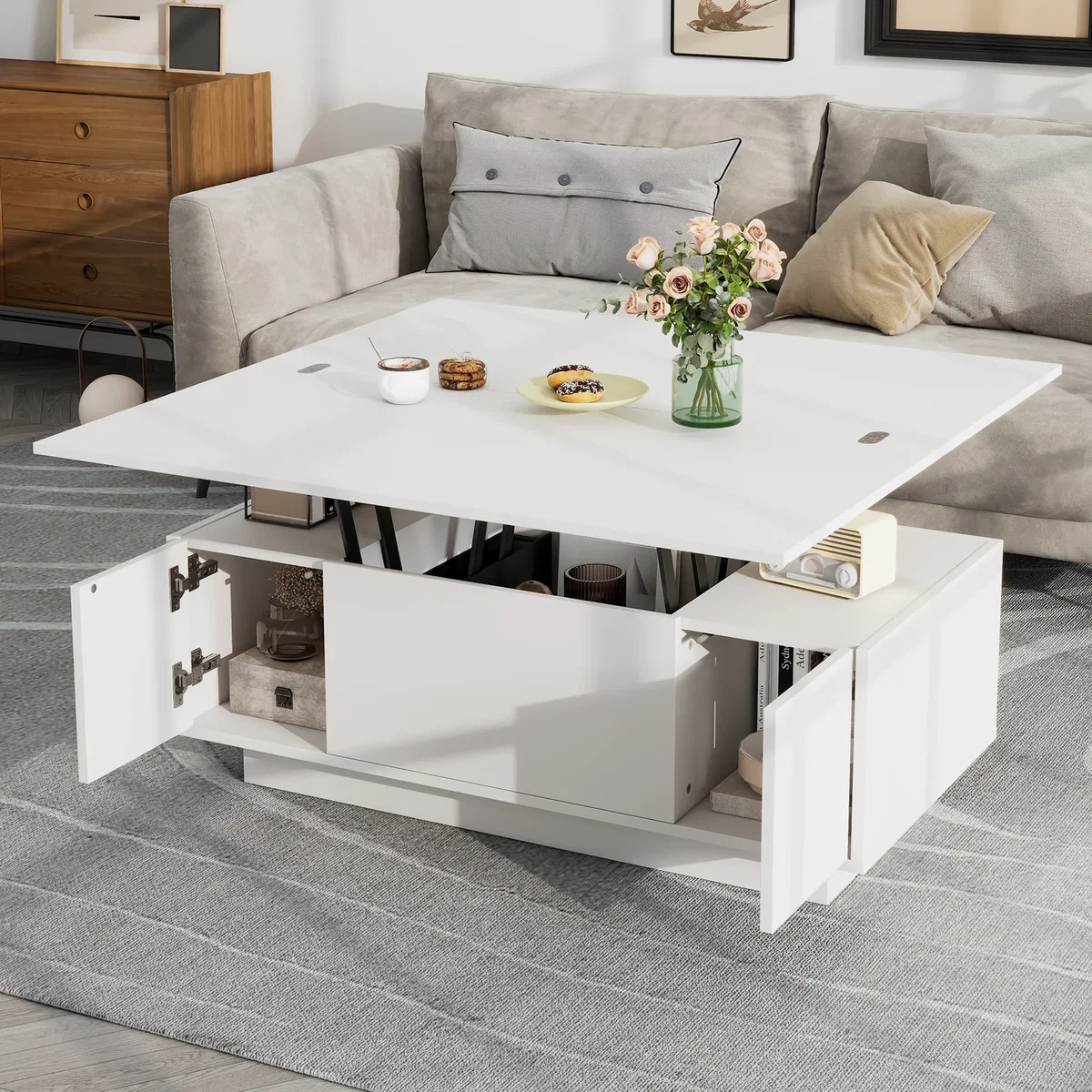 White Lift Up Coffee Table with Hidden Storage, 2 Doors and 2 Lifting Platforms - White – image 1