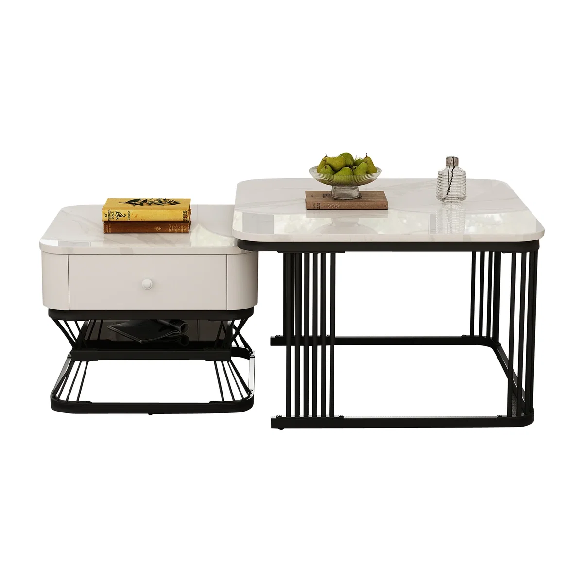 Set of 2 Square Nesting Coffee Tables with Marble Effect Tops, Drawer, Storage Shelf, White - White+Black – image 1