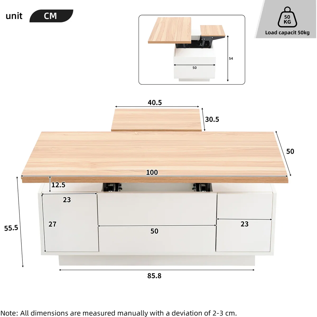 White & Natural Wood Lift Up Coffee Table with Hidden Storage, 2 Doors & 2 Lifting Platforms - White+Natural – image 2