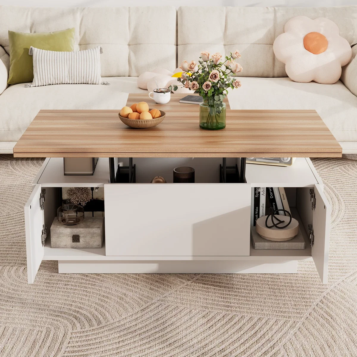 White & Natural Wood Lift Up Coffee Table with Hidden Storage, 2 Doors & 2 Lifting Platforms - White+Natural – image 3