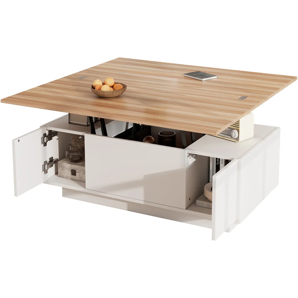 White & Natural Wood Lift Up Coffee Table with Hidden Storage, 2 Doors & 2 Lifting Platforms - White+Natural – image 4