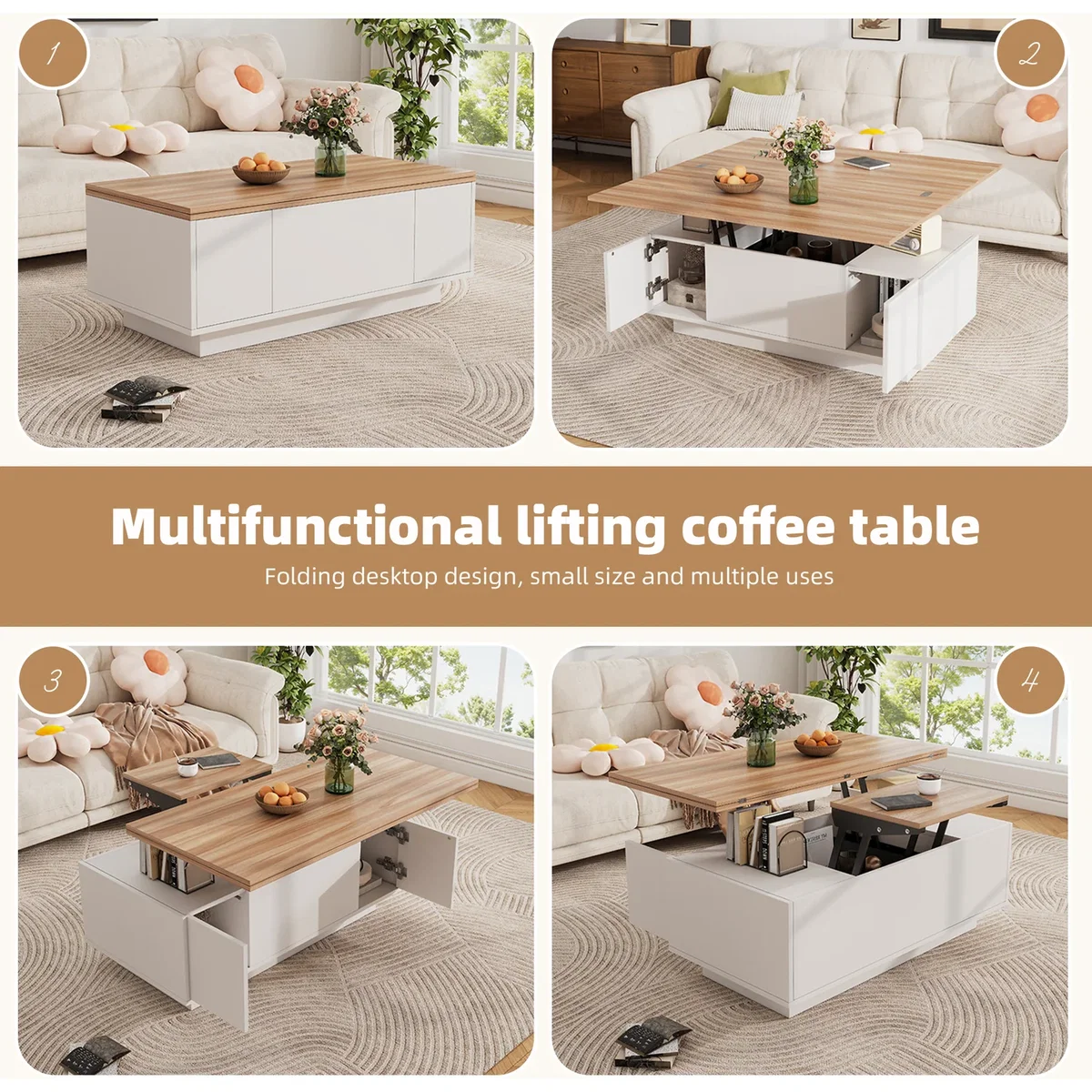 White & Natural Wood Lift Up Coffee Table with Hidden Storage, 2 Doors & 2 Lifting Platforms - White+Natural – image 5