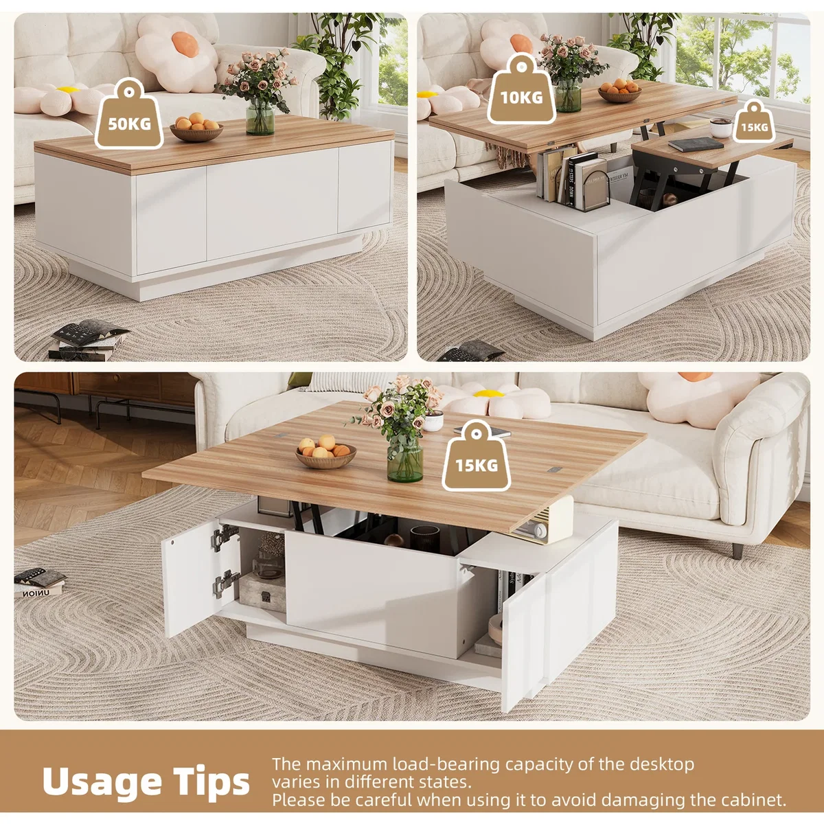 White & Natural Wood Lift Up Coffee Table with Hidden Storage, 2 Doors & 2 Lifting Platforms - White+Natural – image 6