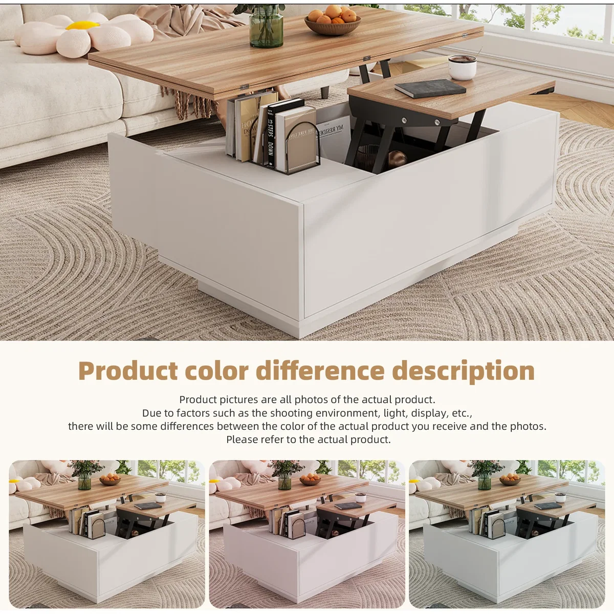 White & Natural Wood Lift Up Coffee Table with Hidden Storage, 2 Doors & 2 Lifting Platforms - White+Natural – image 7
