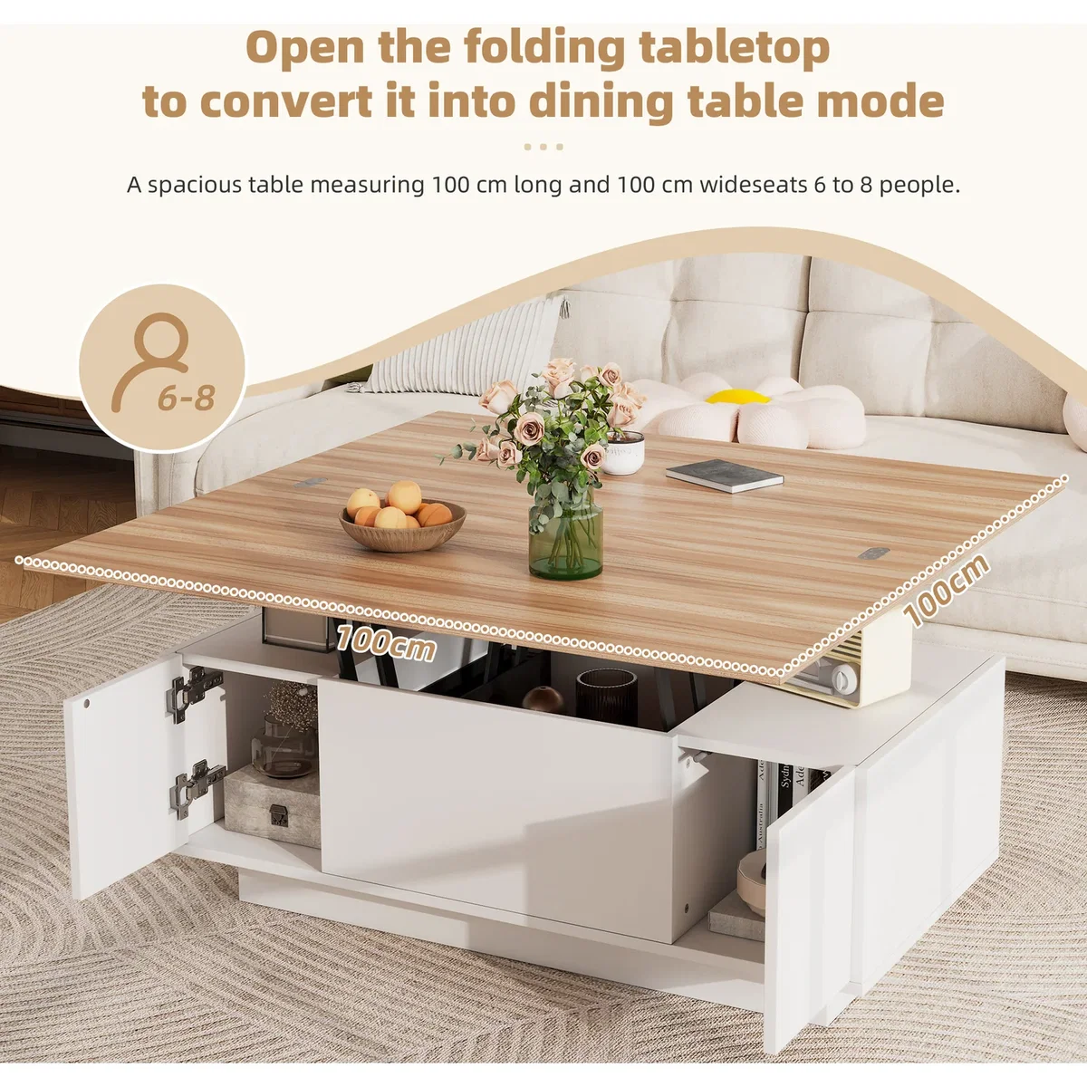 White & Natural Wood Lift Up Coffee Table with Hidden Storage, 2 Doors & 2 Lifting Platforms - White+Natural – image 8