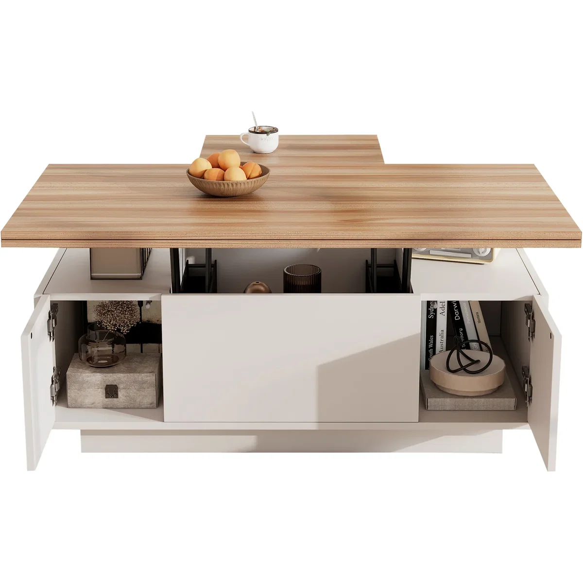 White & Natural Wood Lift Up Coffee Table with Hidden Storage, 2 Doors & 2 Lifting Platforms - White+Natural – image 9