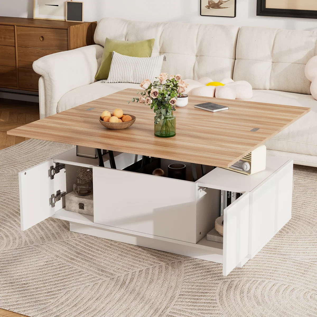 White & Natural Wood Lift Up Coffee Table with Hidden Storage, 2 Doors & 2 Lifting Platforms - White+Natural – image 1