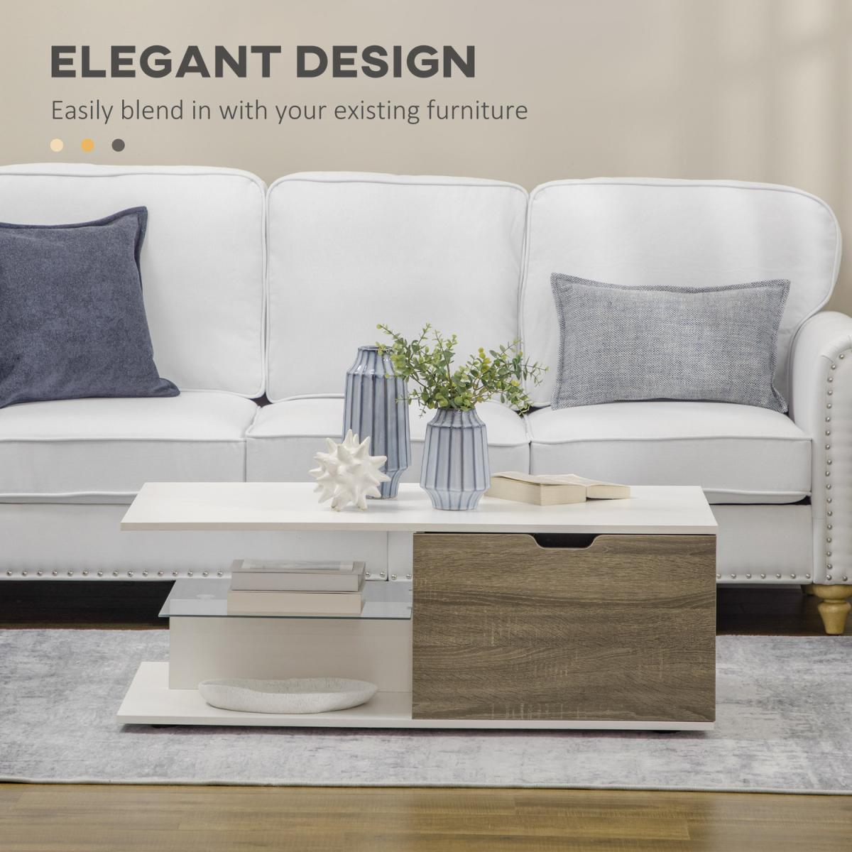 Coffee Table, Modern Tea Table with Tempered Glass Shelves - White – image 2
