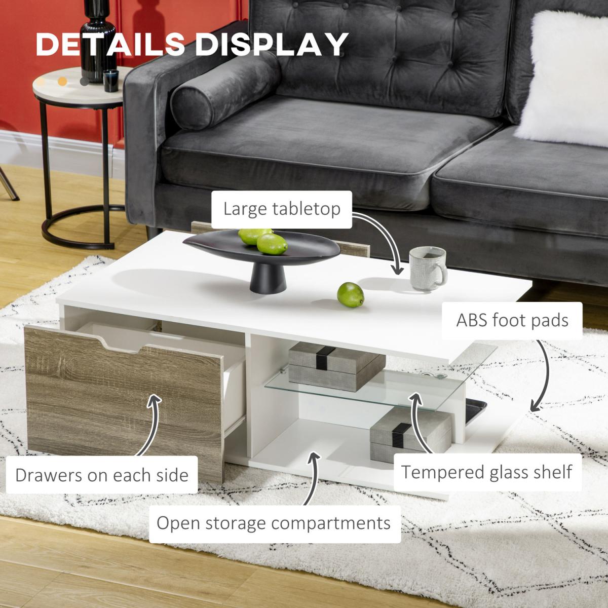 Coffee Table, Modern Tea Table with Tempered Glass Shelves - White – image 5
