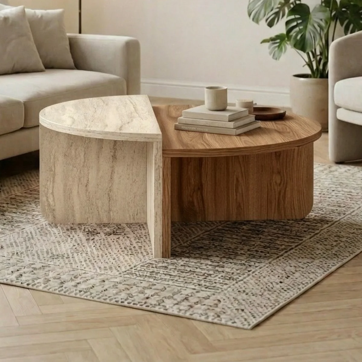 Decortie Aloeva Two Piece Half Round Coffee Table Set - Whiskey Oak, Travertine
