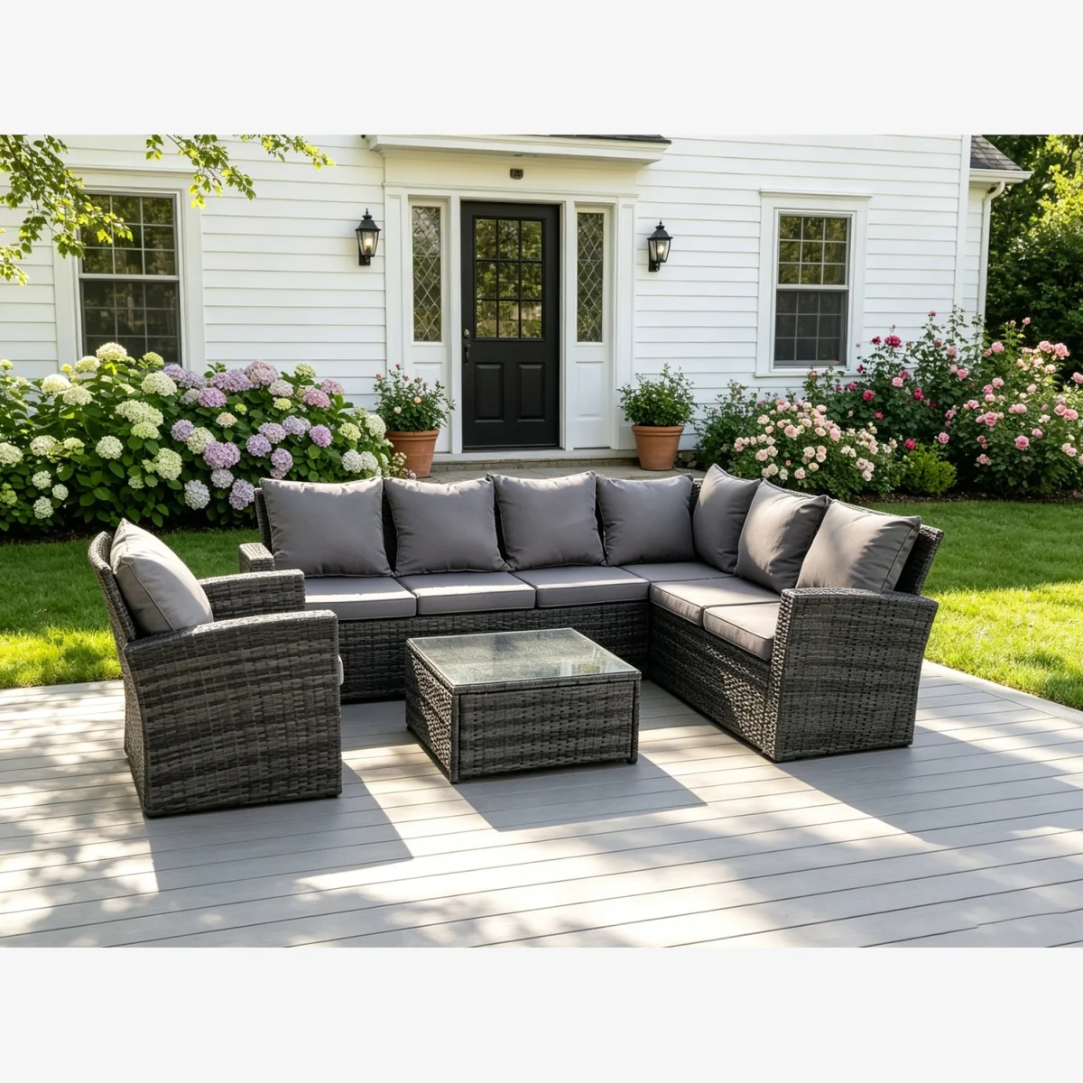 7 Seater High Back Rattan Corner Sofa Set Chair Coffee Table – image 1