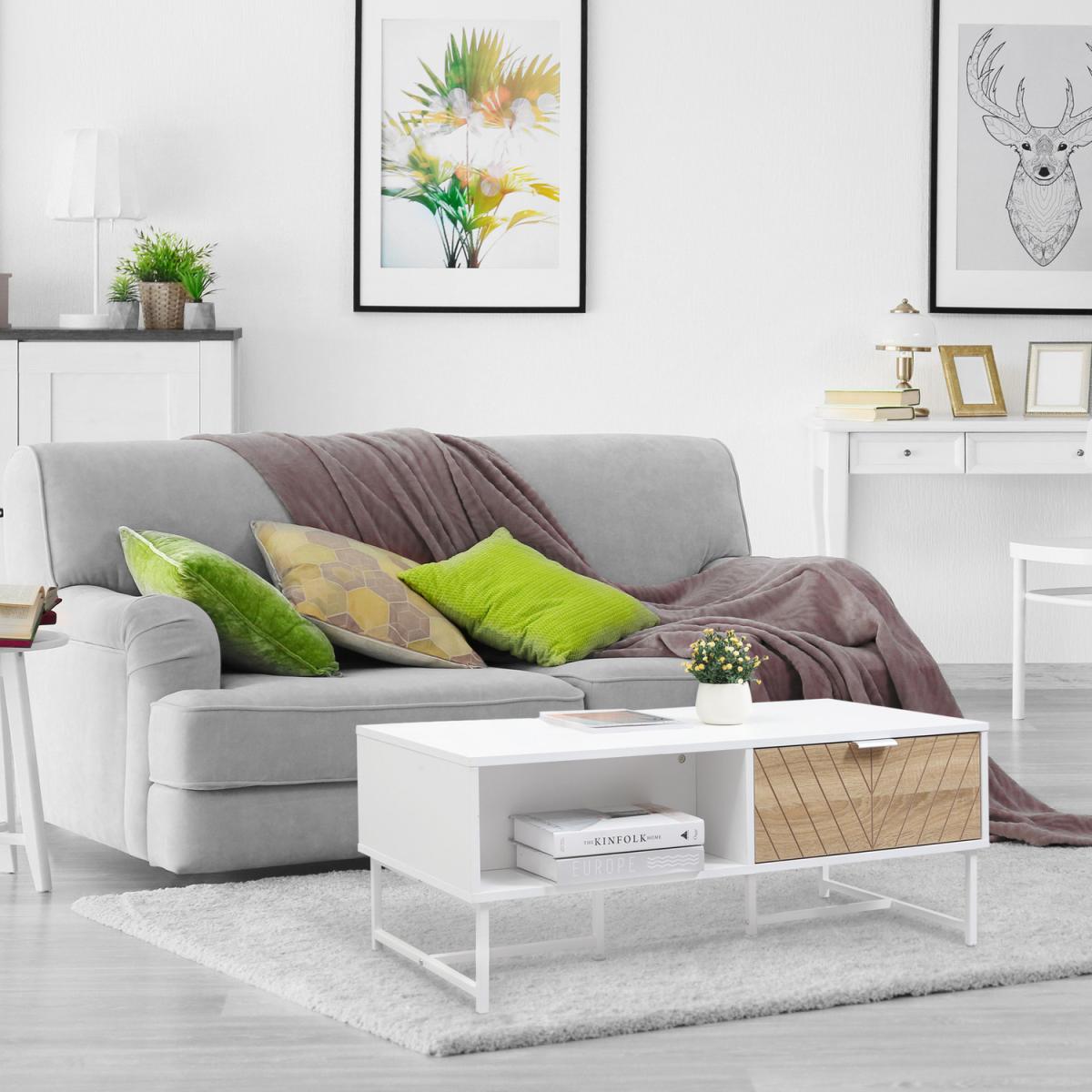 Modern Coffee Table Rectangular Living Room Table with Storage Drawer - White – image 2