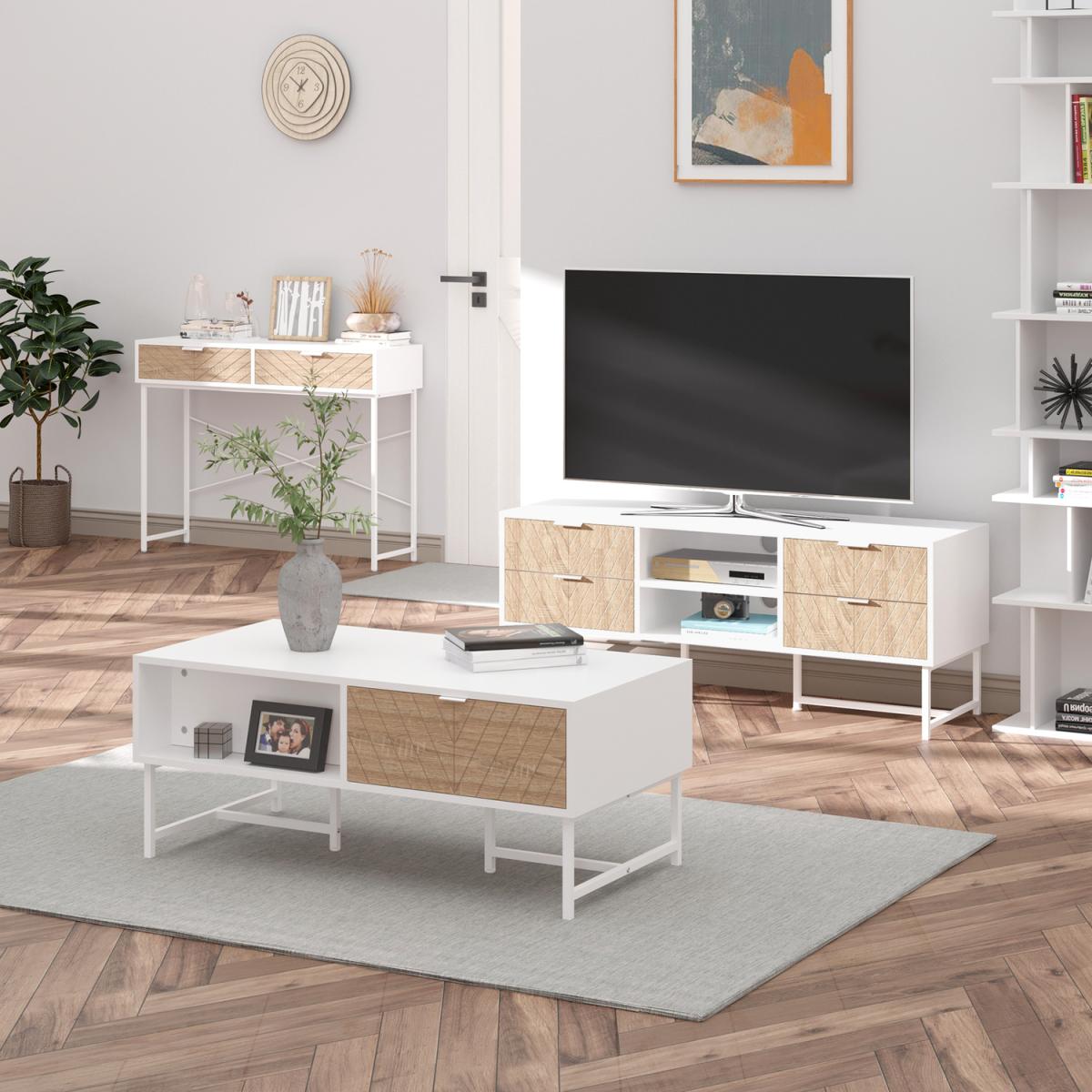 Modern Coffee Table Rectangular Living Room Table with Storage Drawer - White – image 8