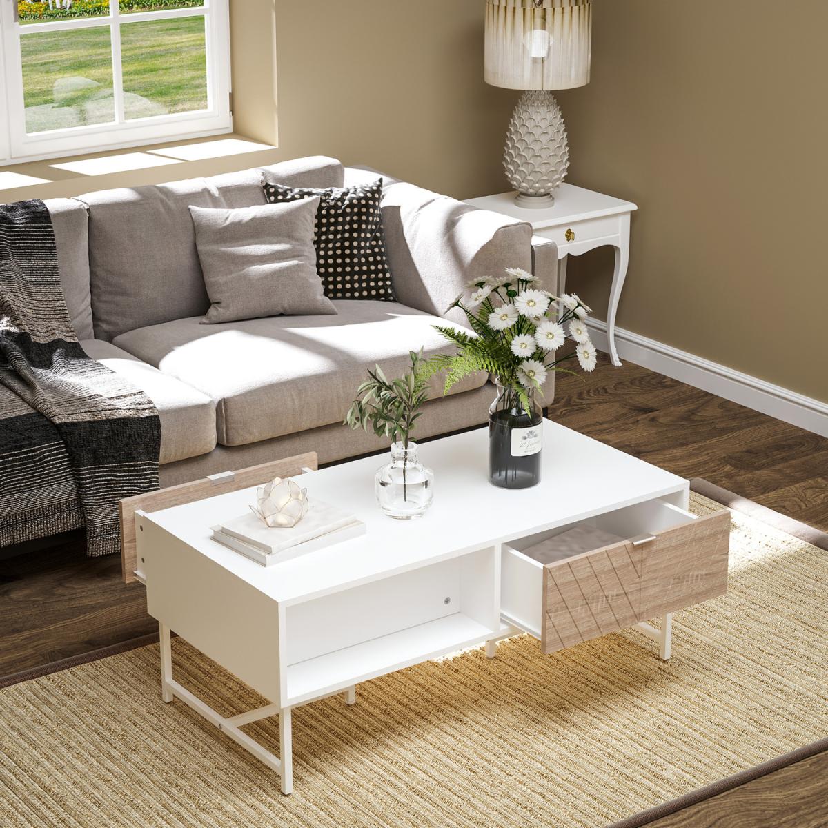 Modern Coffee Table Rectangular Living Room Table with Storage Drawer - White – image 9