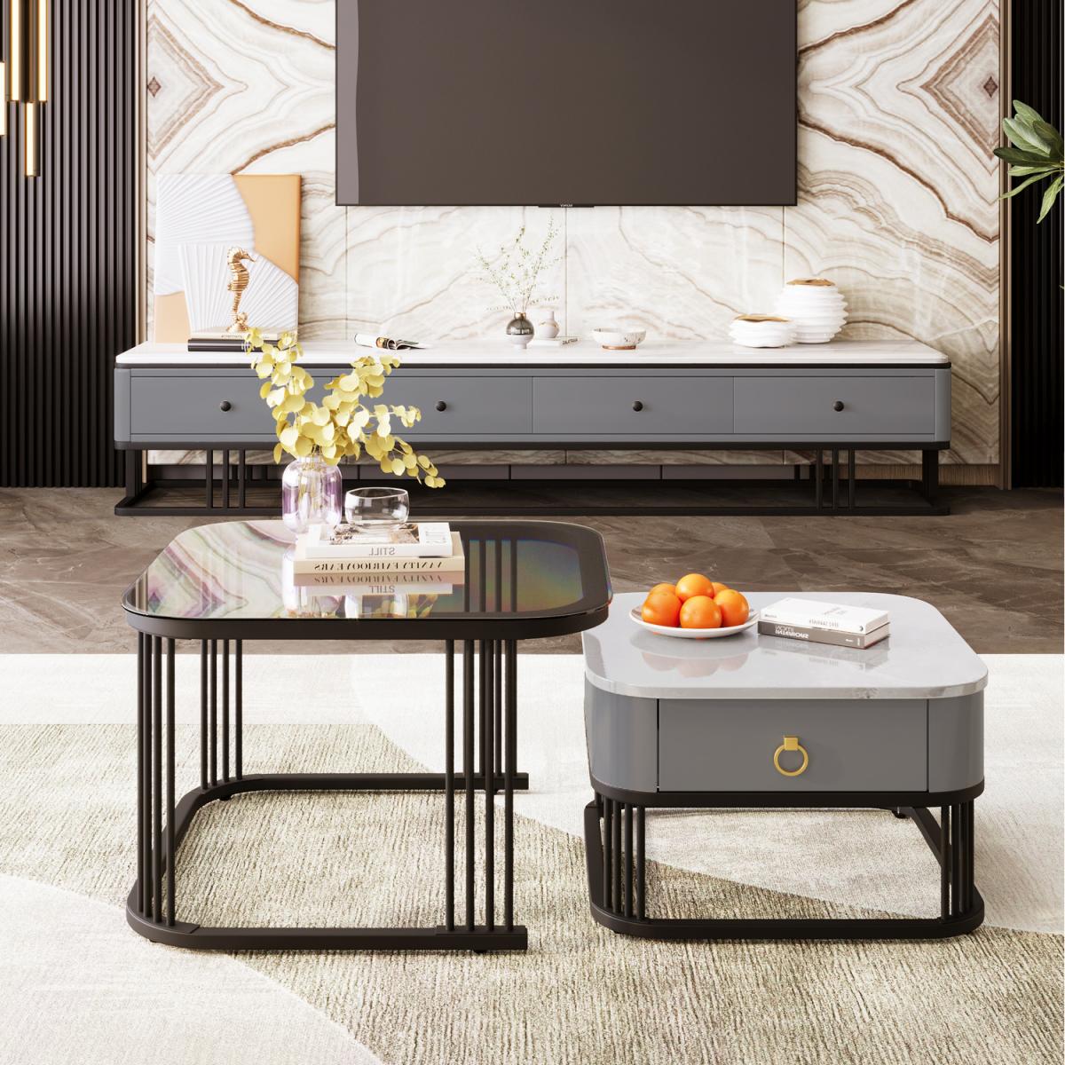 Nestable Coffee Table with Marble Exterior - Black