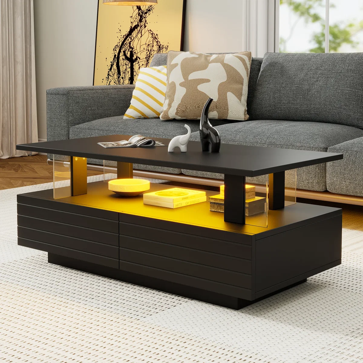 Coffee Table with Open Storage, 2 Drawers and LED Lights - Black – image 2